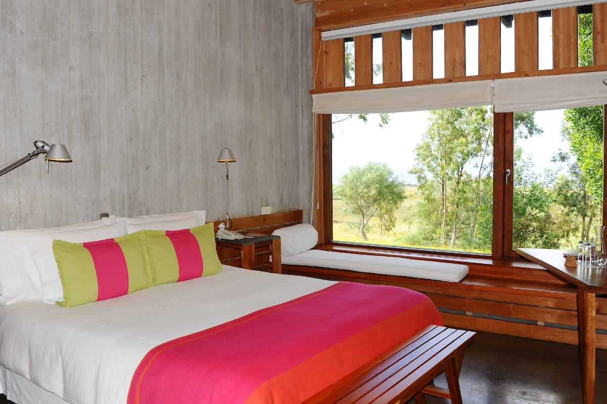 A bedroom with a large bed, wooden bench, and a window with a view of trees.