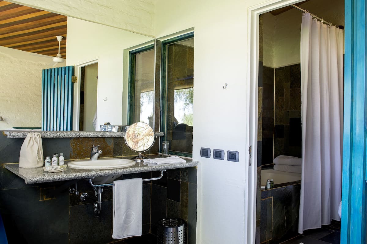 combined shower/bathtub, jetted bath, rainfall showerhead