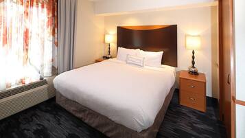 Pillowtop beds, desk, laptop workspace, soundproofing