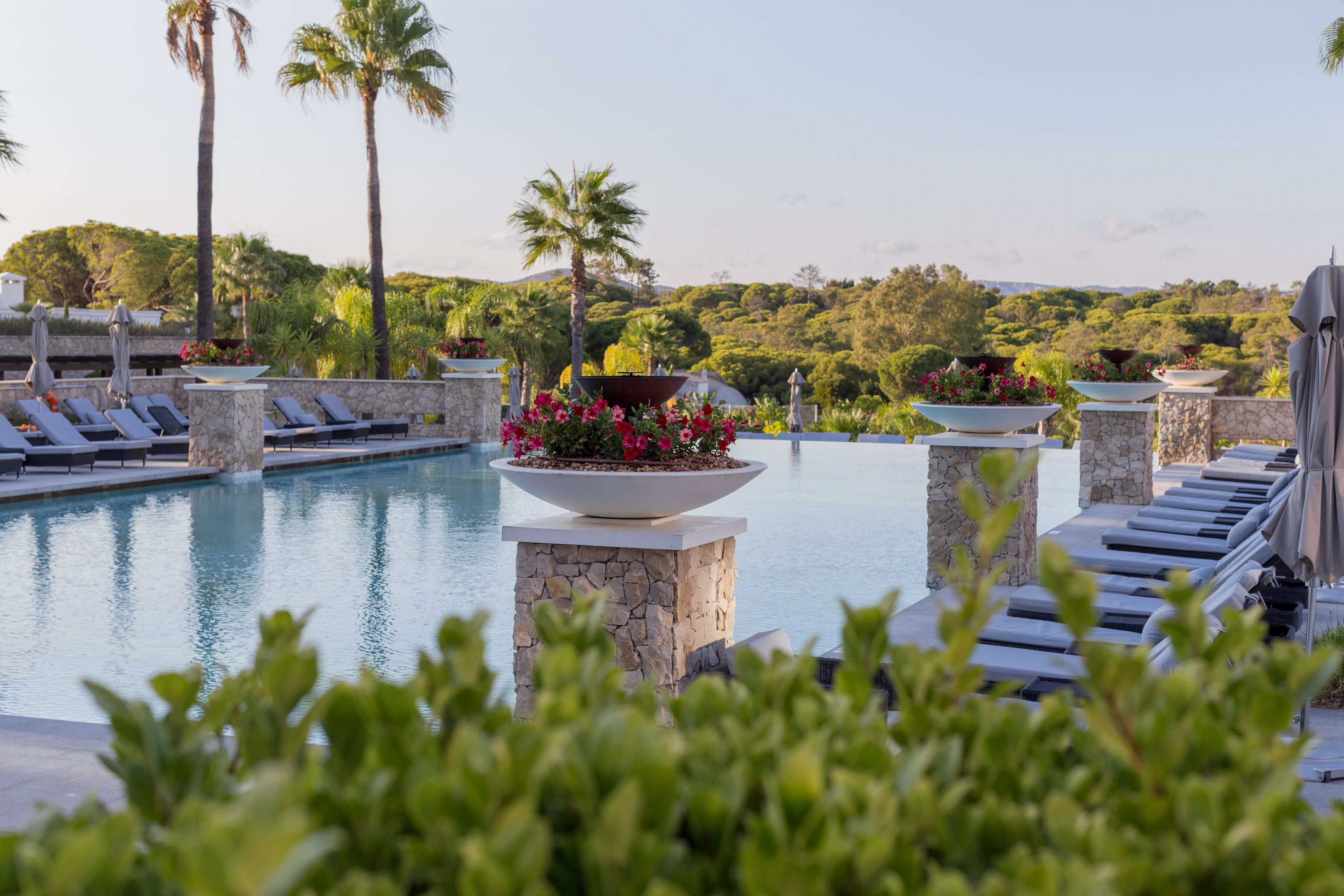 A pool area with lounge chairs, a flower planter, and a view of a lush landscape.