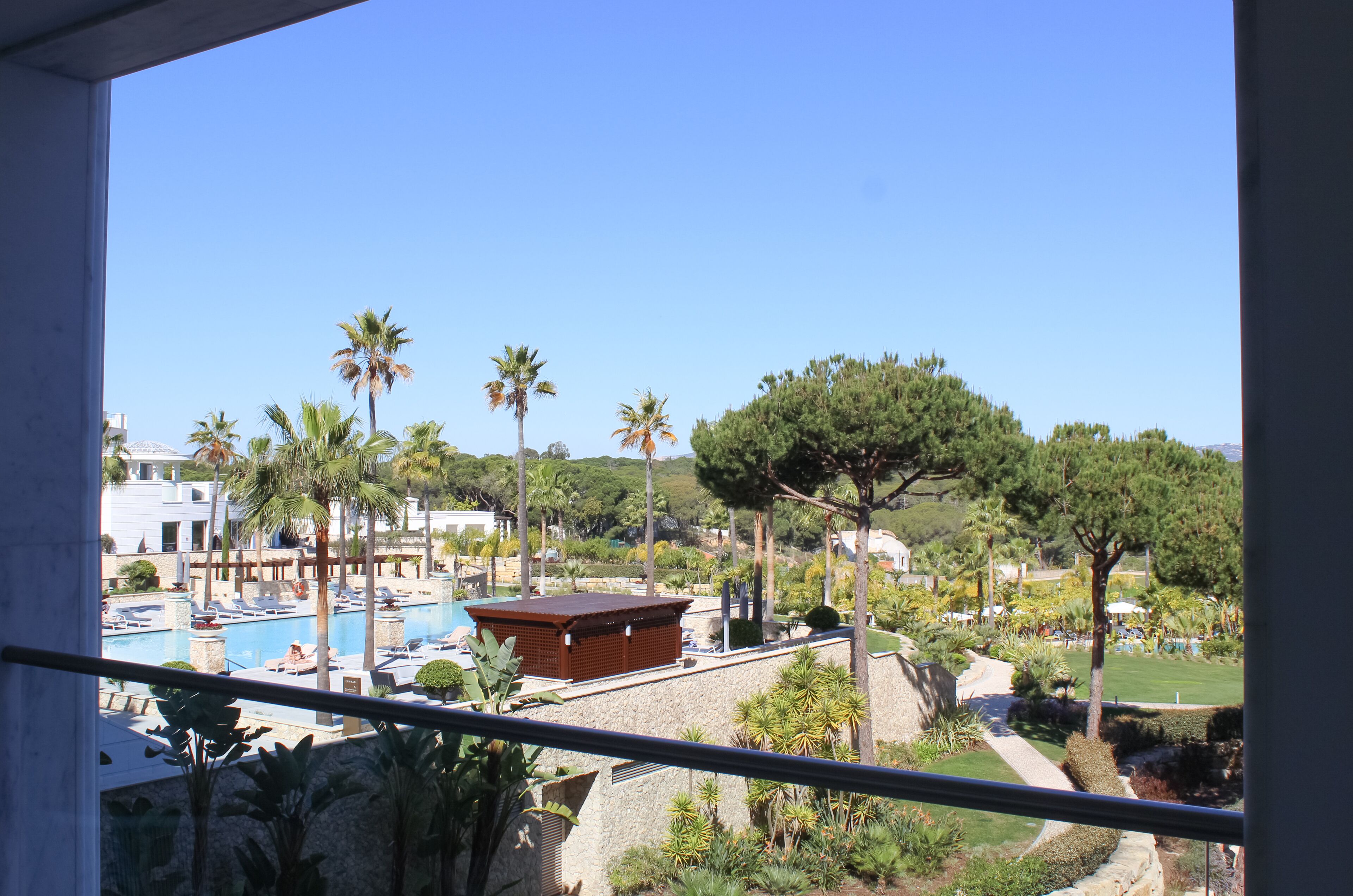 A resort with a swimming pool, palm trees, and a view of the surrounding landscape.