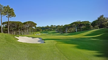 Un campo de golf con búnkeres de arena, césped cuidado y árboles altos.