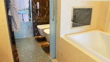 Un bagno con vasca, WC e zona doccia.