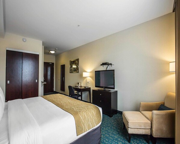 Habitación de hotel con una cama, un escritorio con computadora, televisor, una silla y una lámpara.