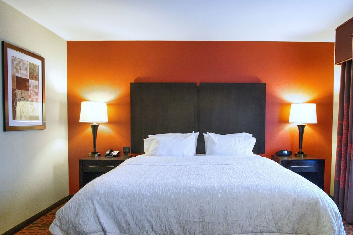 Habitación de hotel con una cama grande, dos lámparas de noche, un cuadro enmarcado en la pared y una alfombra roja.