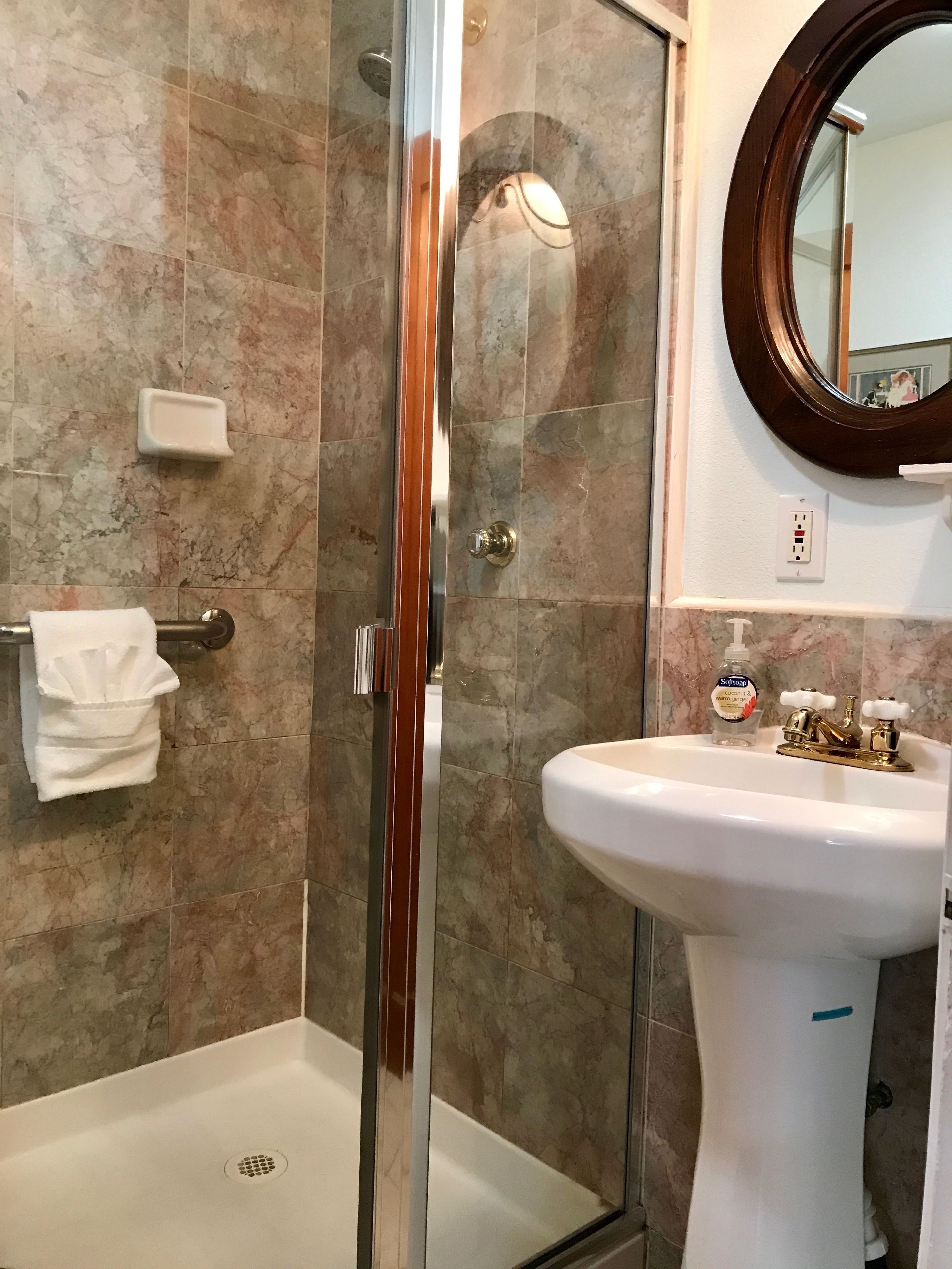 eco-friendly toiletries, hair dryer, towels, soap