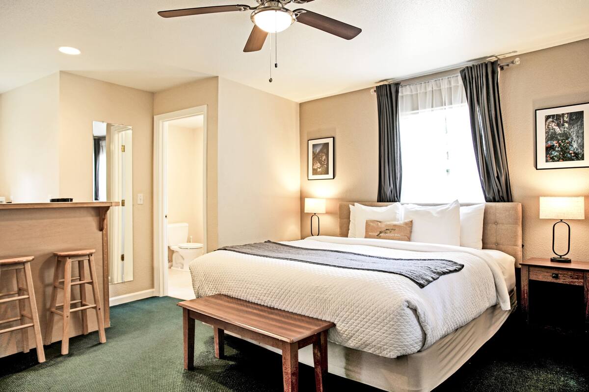 A hotel room with a bed, a desk with two stools, a bench, a ceiling fan, and a window with curtains.
