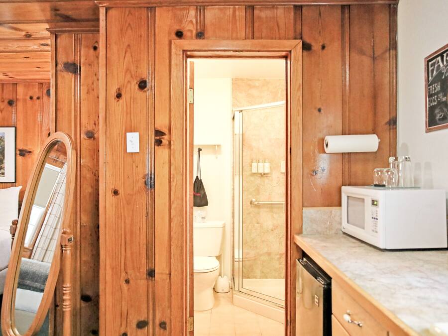Una habitación con paneles de madera, una cama de madera, un inodoro blanco, ducha y un microondas en la encimera.