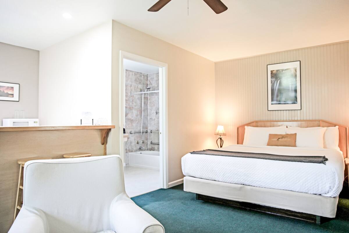 A hotel room with a bed, a desk, a chair, a shower area, and a framed picture on the wall.