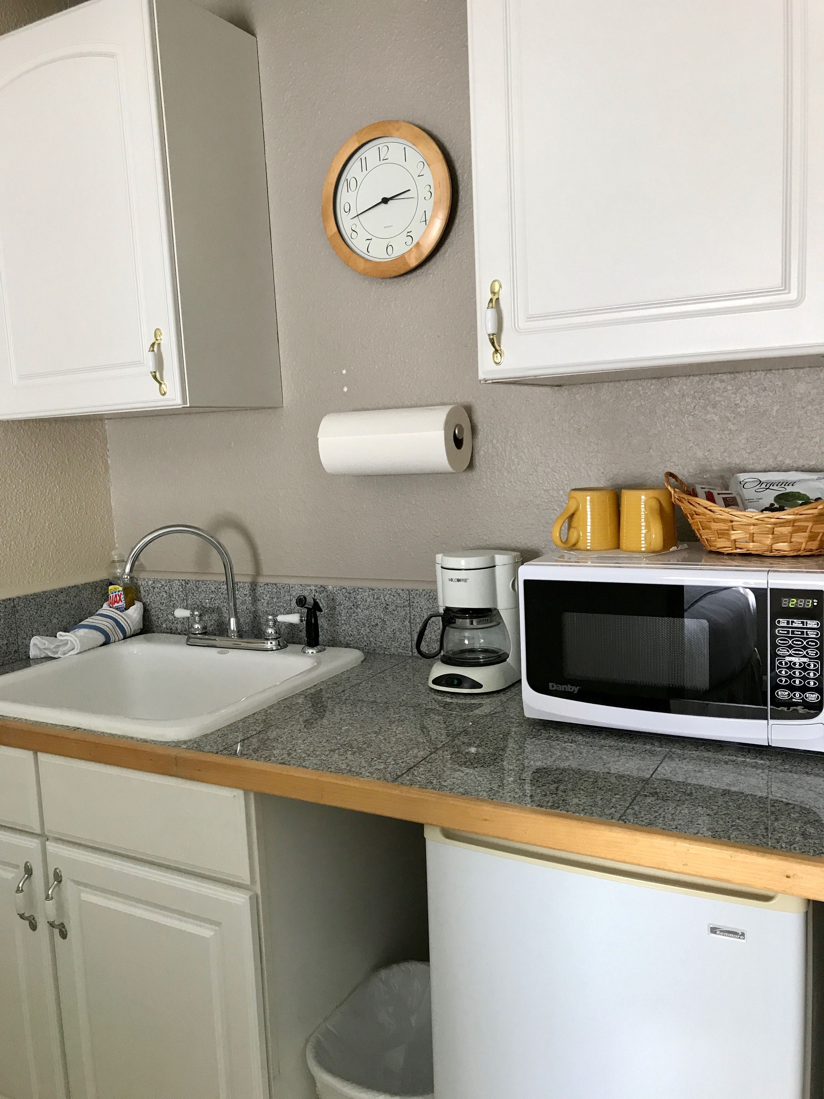 mini-fridge, microwave, coffee/tea maker, electric kettle