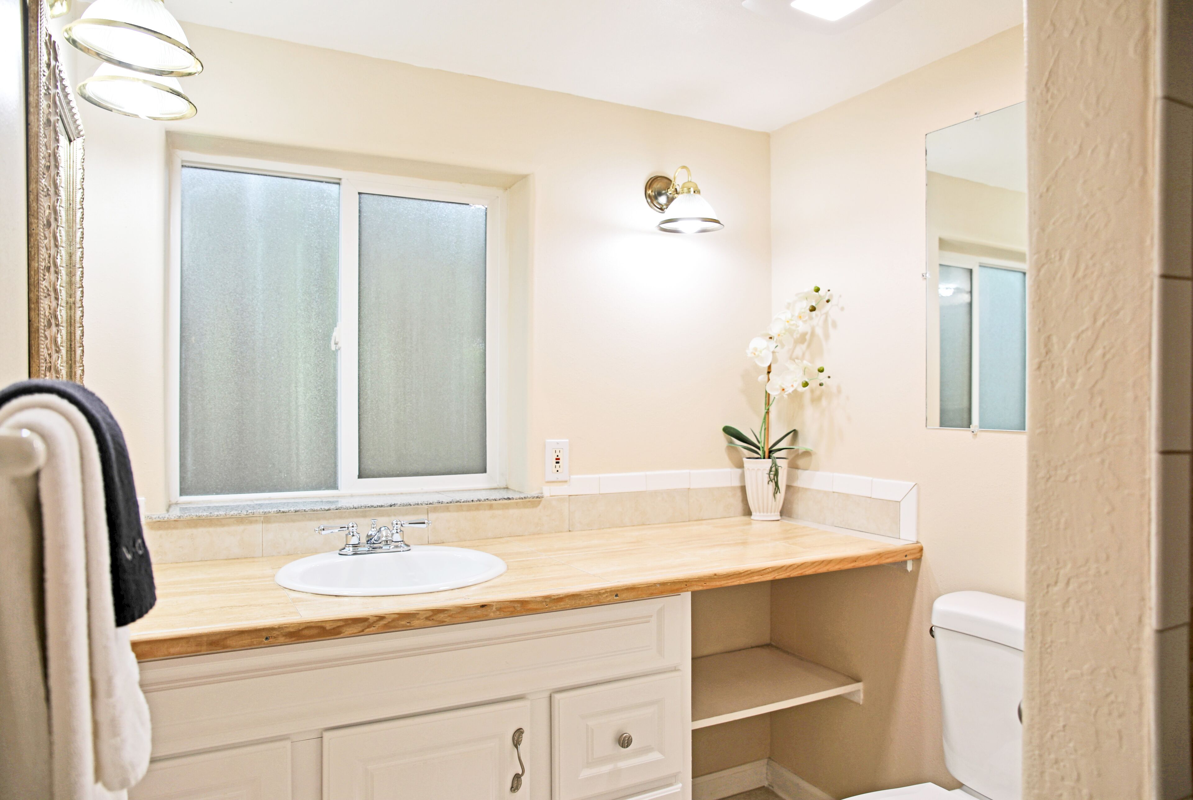A bathroom with a wooden vanity, a white sink, a potted orchid, and a large mirror.