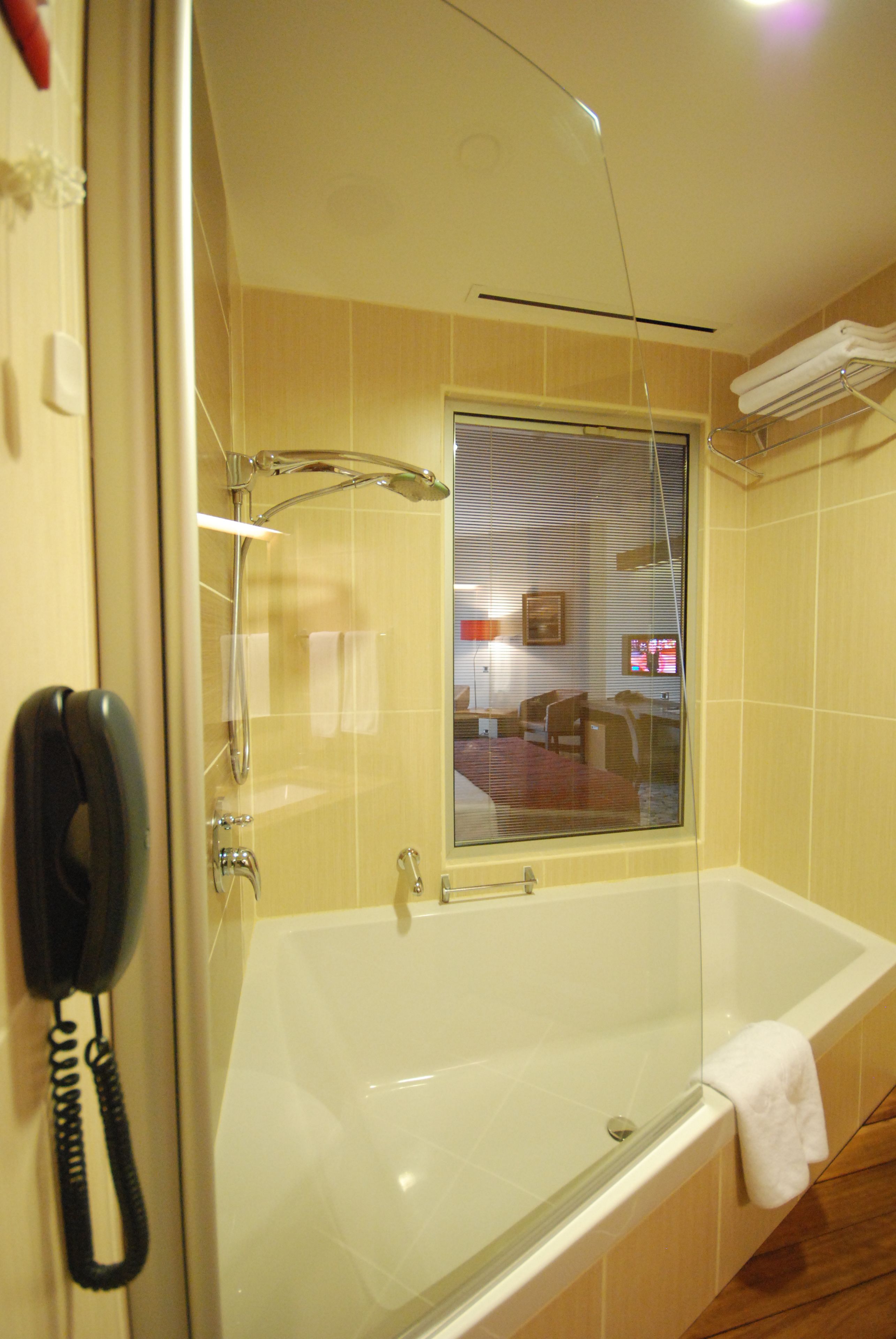 bathtub, deep-soaking bathtub, designer toiletries, hair dryer