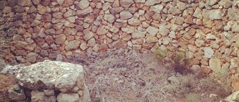 A stone wall with a rough texture, surrounded by dry grass and scattered rocks.