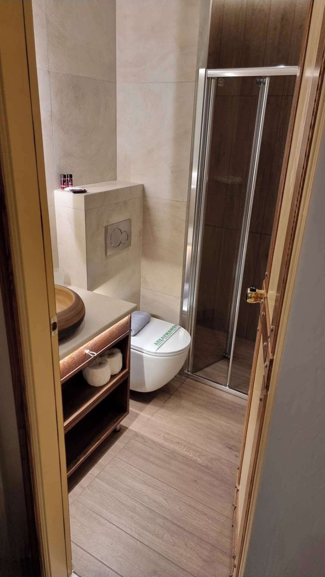 A bathroom with a toilet, a shower, and a vanity with a mirror.