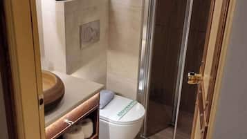 A bathroom with a toilet, a shower, and a vanity with a mirror.