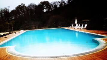Seasonal outdoor pool, pool umbrellas, pool loungers