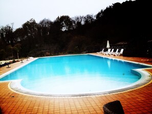 Seasonal outdoor pool, pool umbrellas, pool loungers