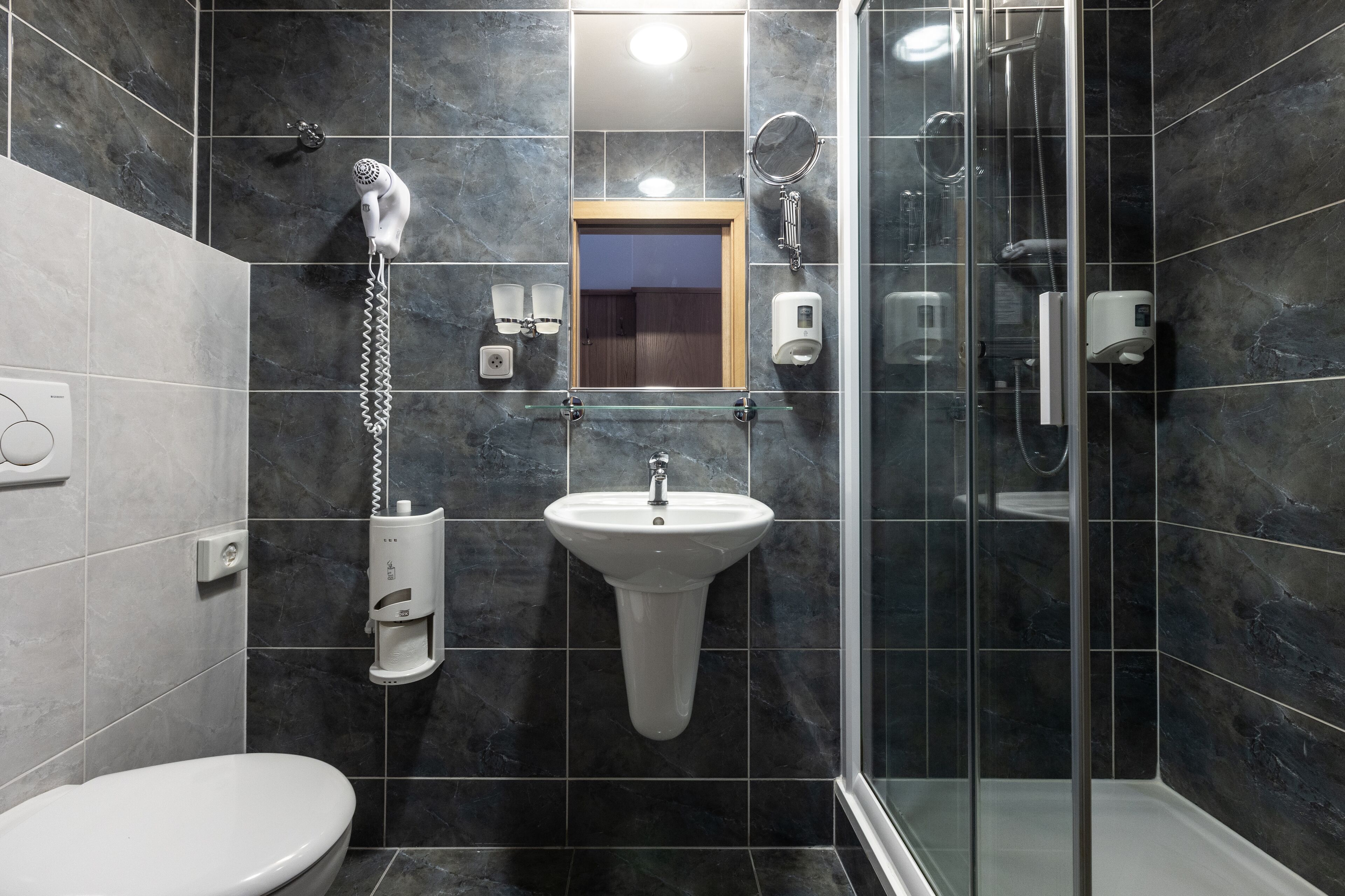 Une salle de bain moderne avec une douche à parois de verre, un lavabo sur colonne et des toilettes.