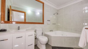 A bathroom with a white sink, mirror, toilet, and bathtub. - Mt Tamborine Stonehaven Manor (Tamborine Mountain)