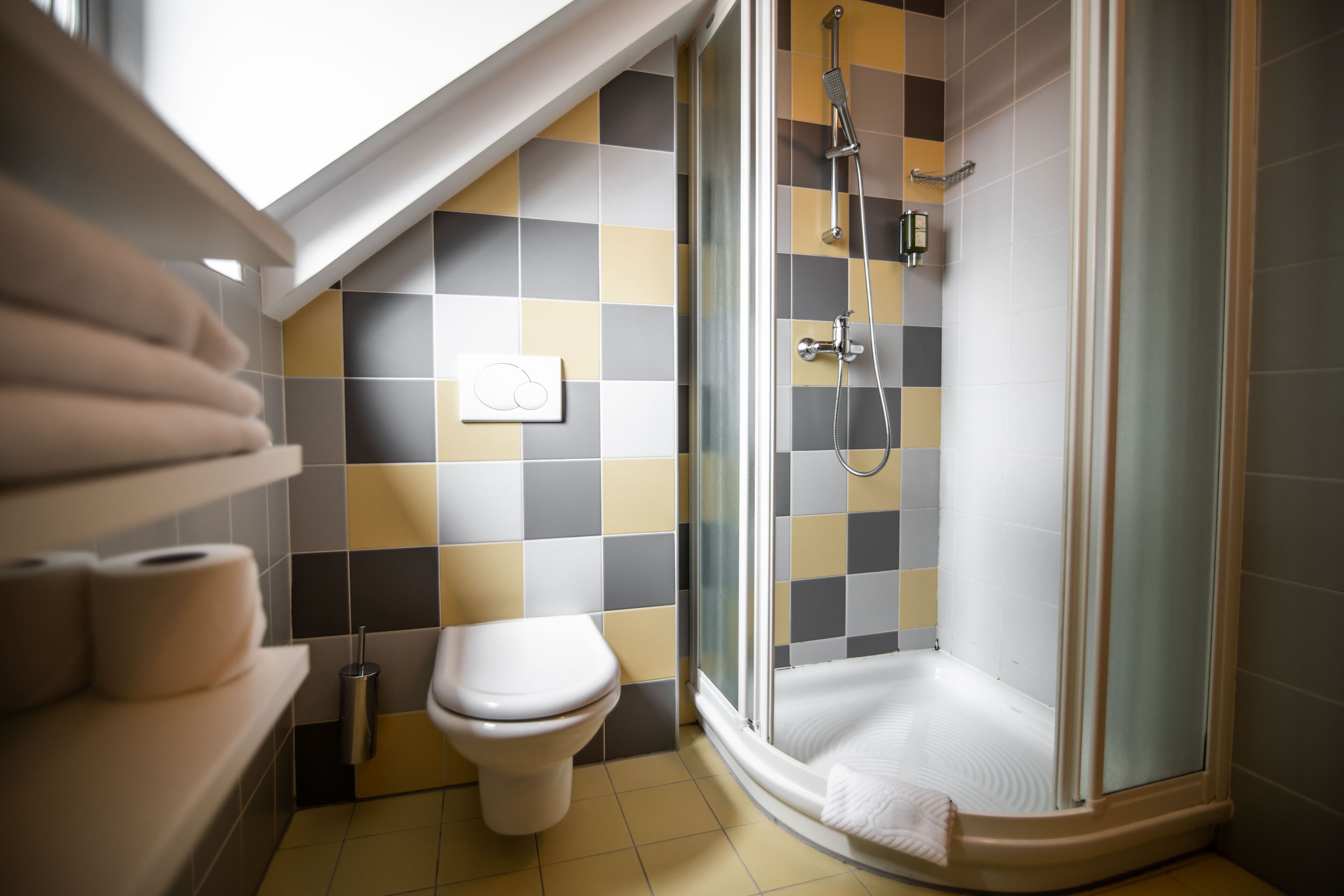 Ein Badezimmer mit Toilette, Dusche und Wand mit Schachbrettfliesen.