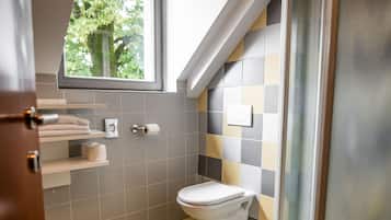 Een moderne badkamer met toilet, douche en een raam dat natuurlijk licht biedt.