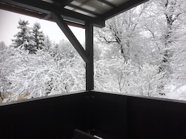 Un espacio exterior techado con vistas a árboles cubiertos de nieve.