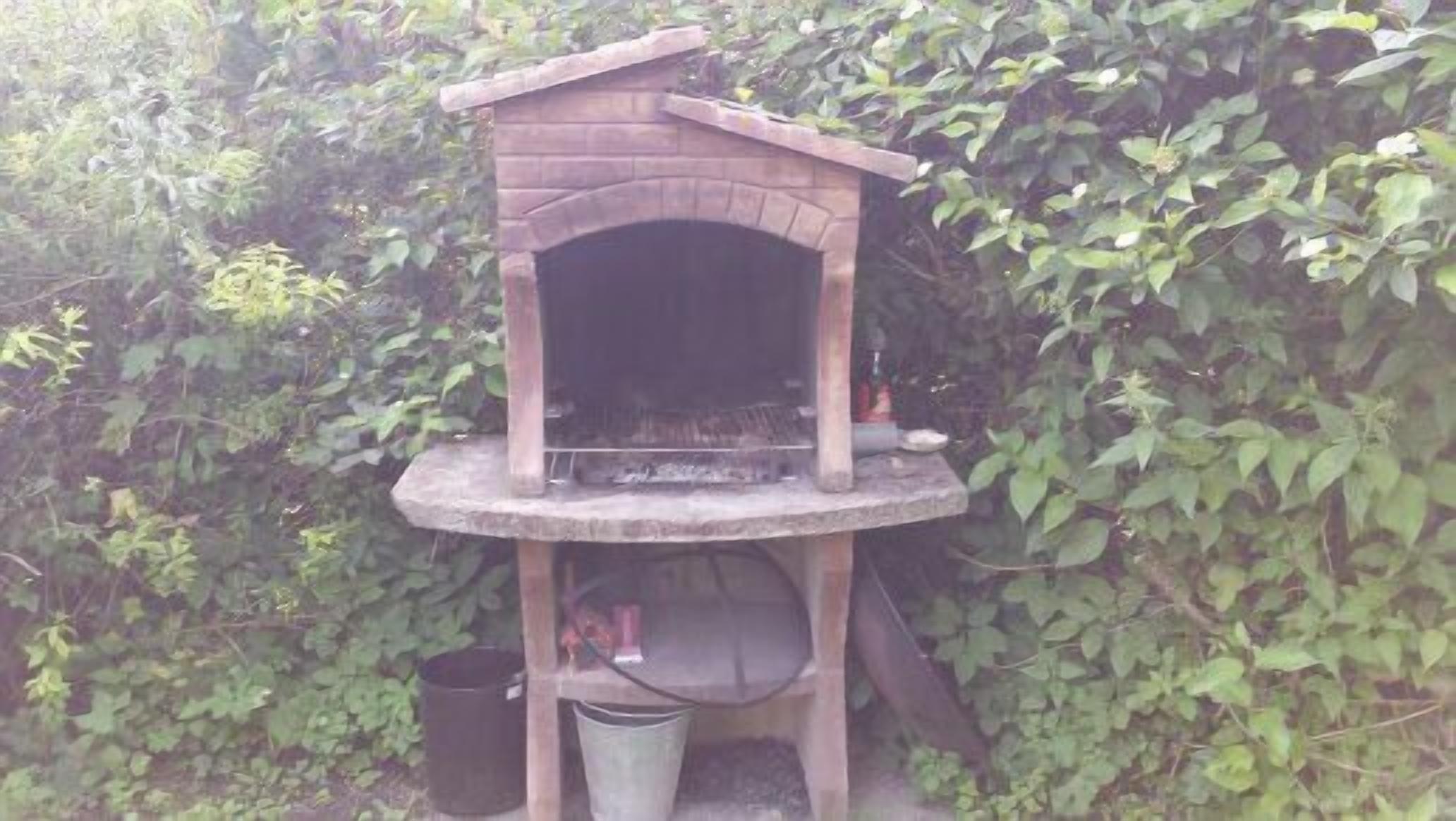 Un pequeño horno rústico al aire libre integrado en una estructura de madera con base de ladrillo, rodeado de follaje denso.