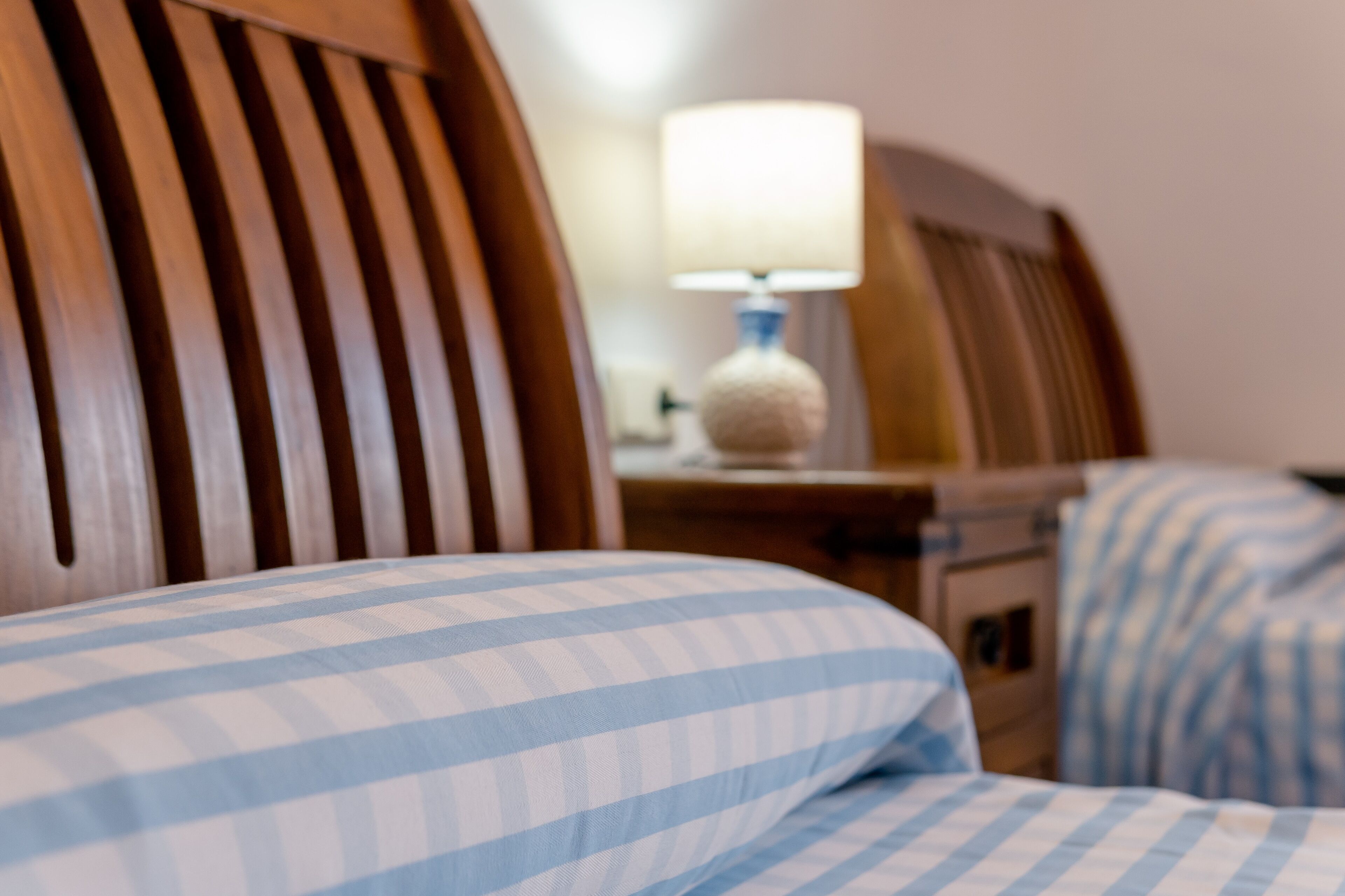 A hotel room with a wooden headboard, a bedside lamp, and a checkered bedspread.