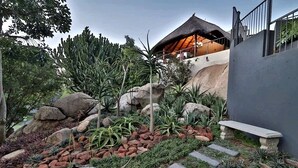A garden with rocks, plants, and a building with a thatched roof. - La Roca Guest House (Mbombela)