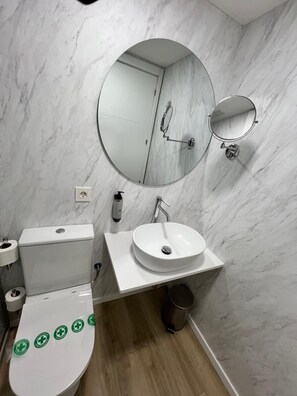 A bathroom with a toilet, sink, mirror, and a shower. - IRAIPE GORBEA HOTEL (Vitoria-Gasteiz)
