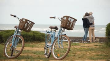 Dos bicicletas con cestas, una pareja de pie junto al océano y un banco de madera.