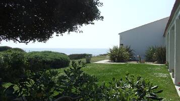 Un jardín con vista al mar, un edificio blanco y un árbol.