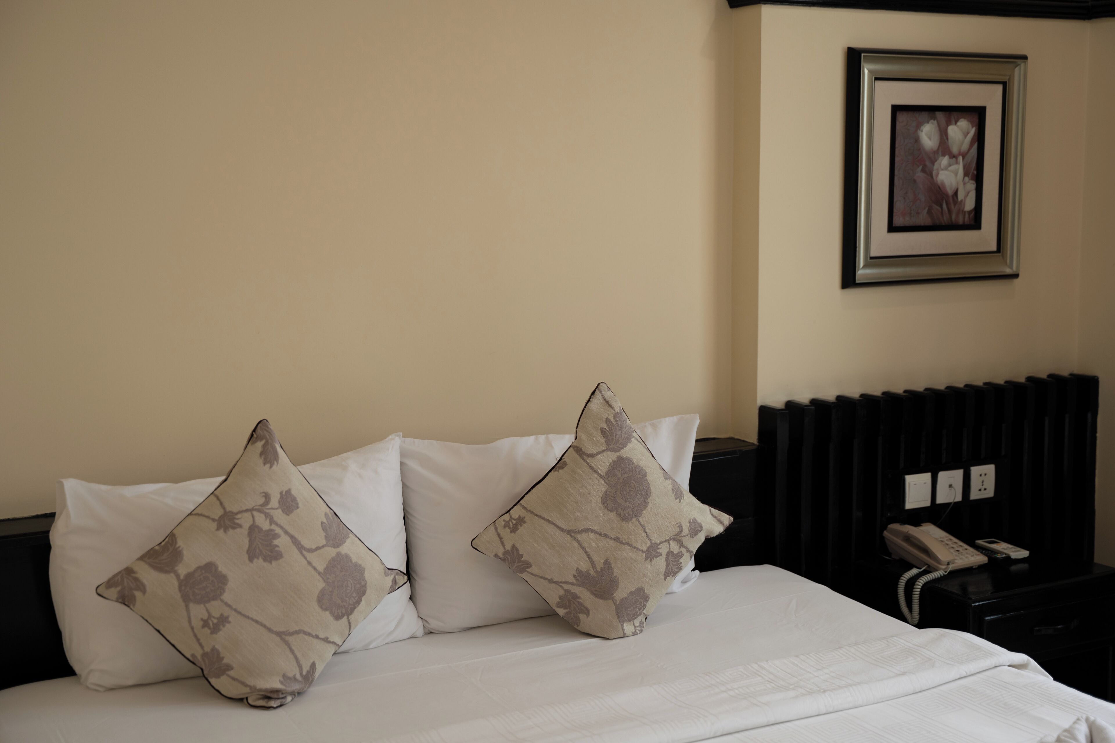 Een net opgemaakt bed met twee decoratieve kussens, een ingelijst foto aan de muur en een telefoon op het nachtkastje.