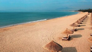 A beach with rows of sun loungers and thatched umbrellas, a clear sky, and a calm sea.