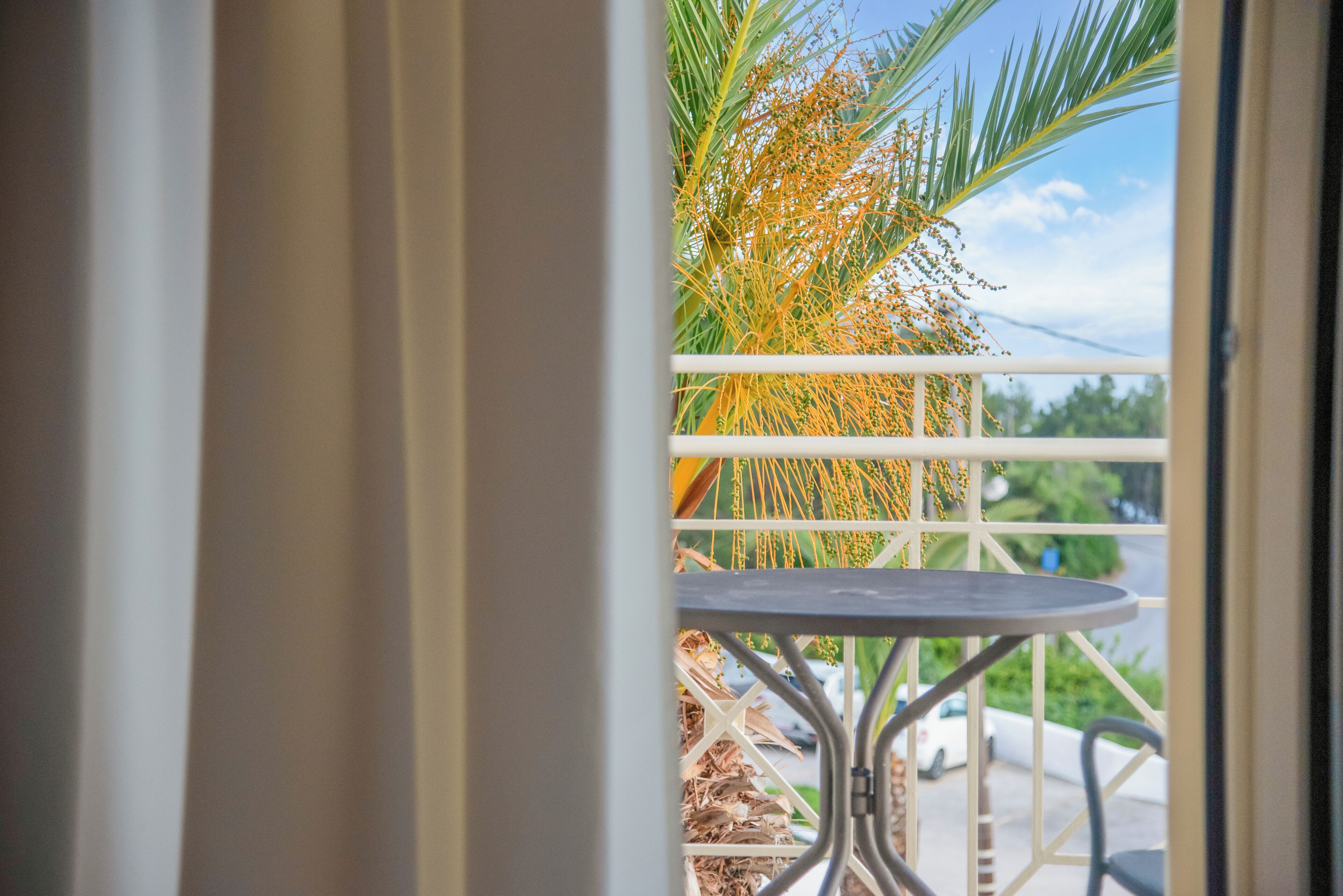 A balcony with a table and chairs, a palm tree, and a view of the sky.