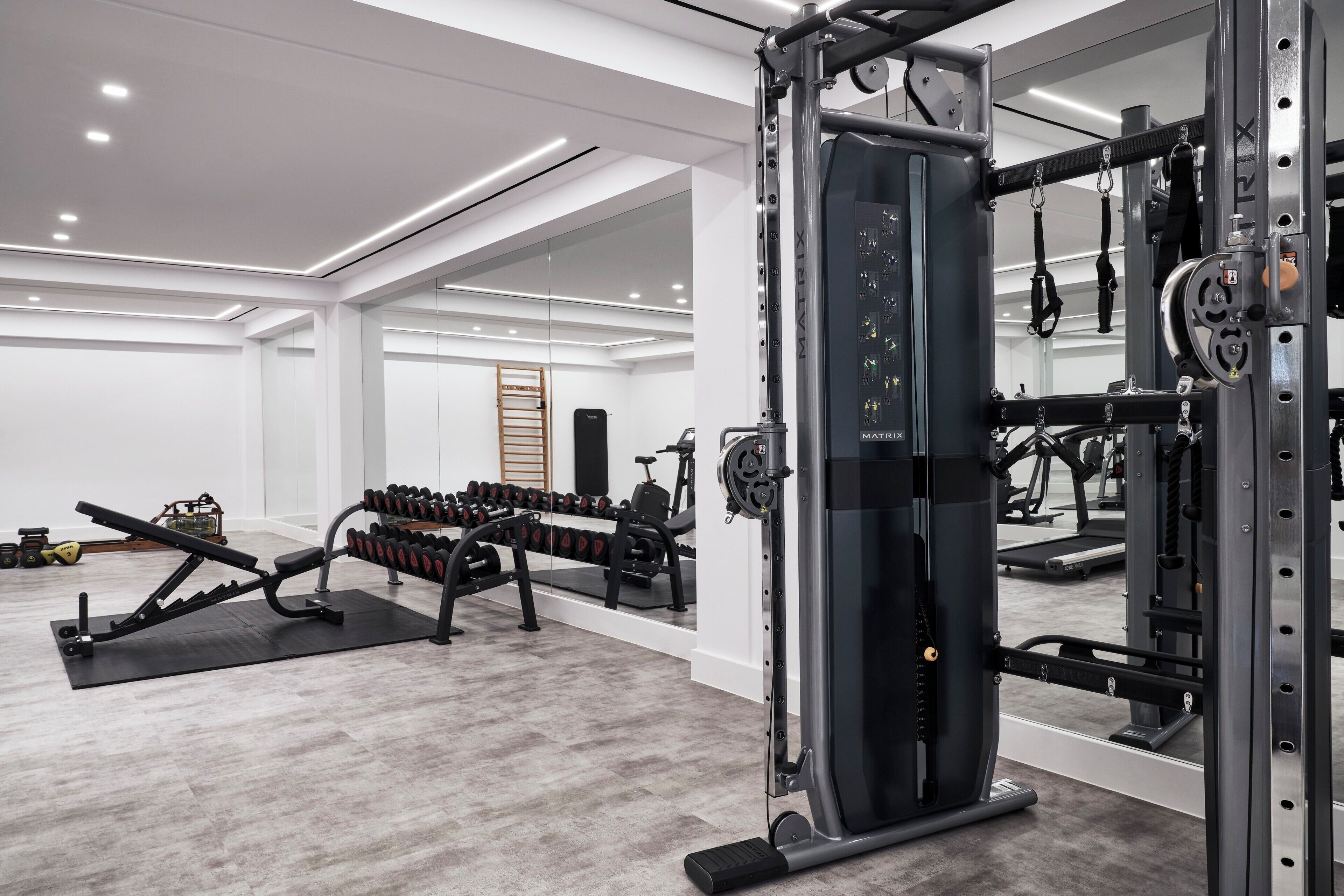 Ein modernes Fitnessstudio mit verschiedenen Trainingsgeräten, darunter ein Squat-Gestell, Kurzhanteln und eine Hantelbank.