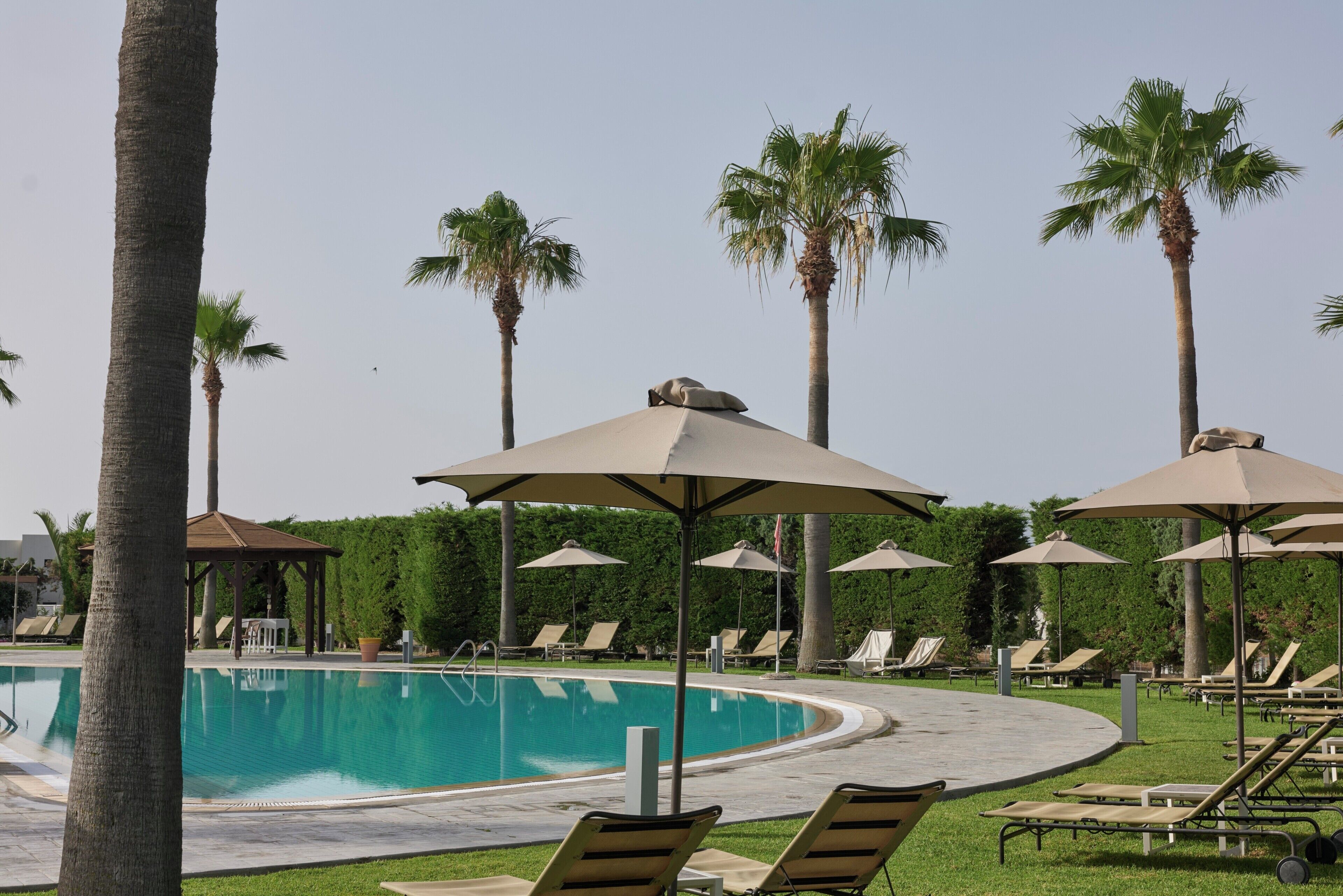 Zona de piscina con sillones de baño y sombrillas.