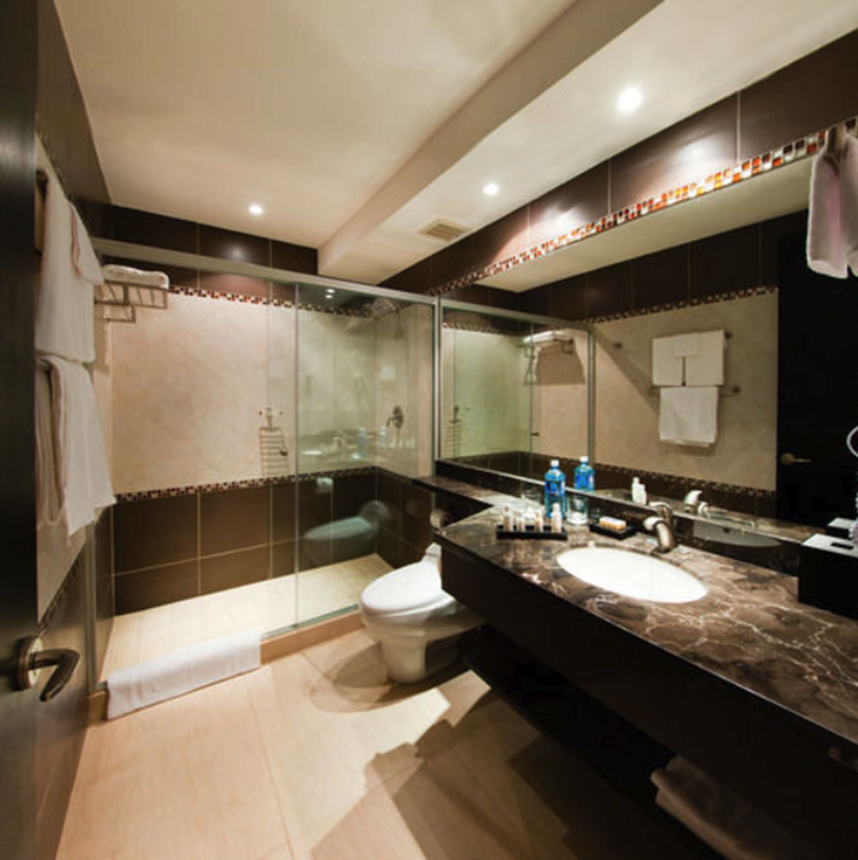 rainfall showerhead, free toiletries, towels