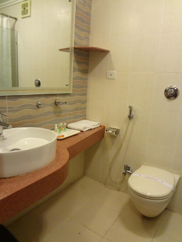A bathroom with a sink, mirror, toilet, and shower. - Hotel Suba Palace (Mumbai)