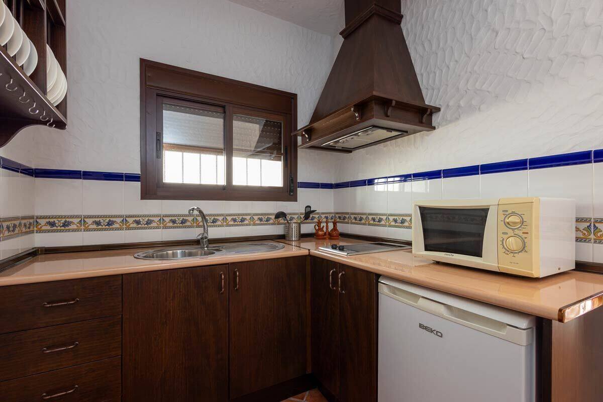 A compact kitchen with wooden cabinets, a sink, a microwave, and a dishwasher.