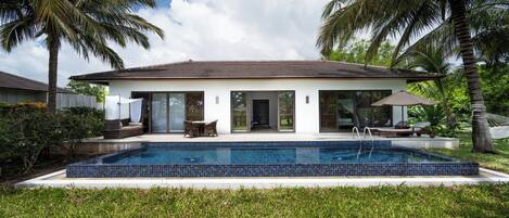 A modern house with a swimming pool, surrounded by palm trees and a well-maintained lawn.