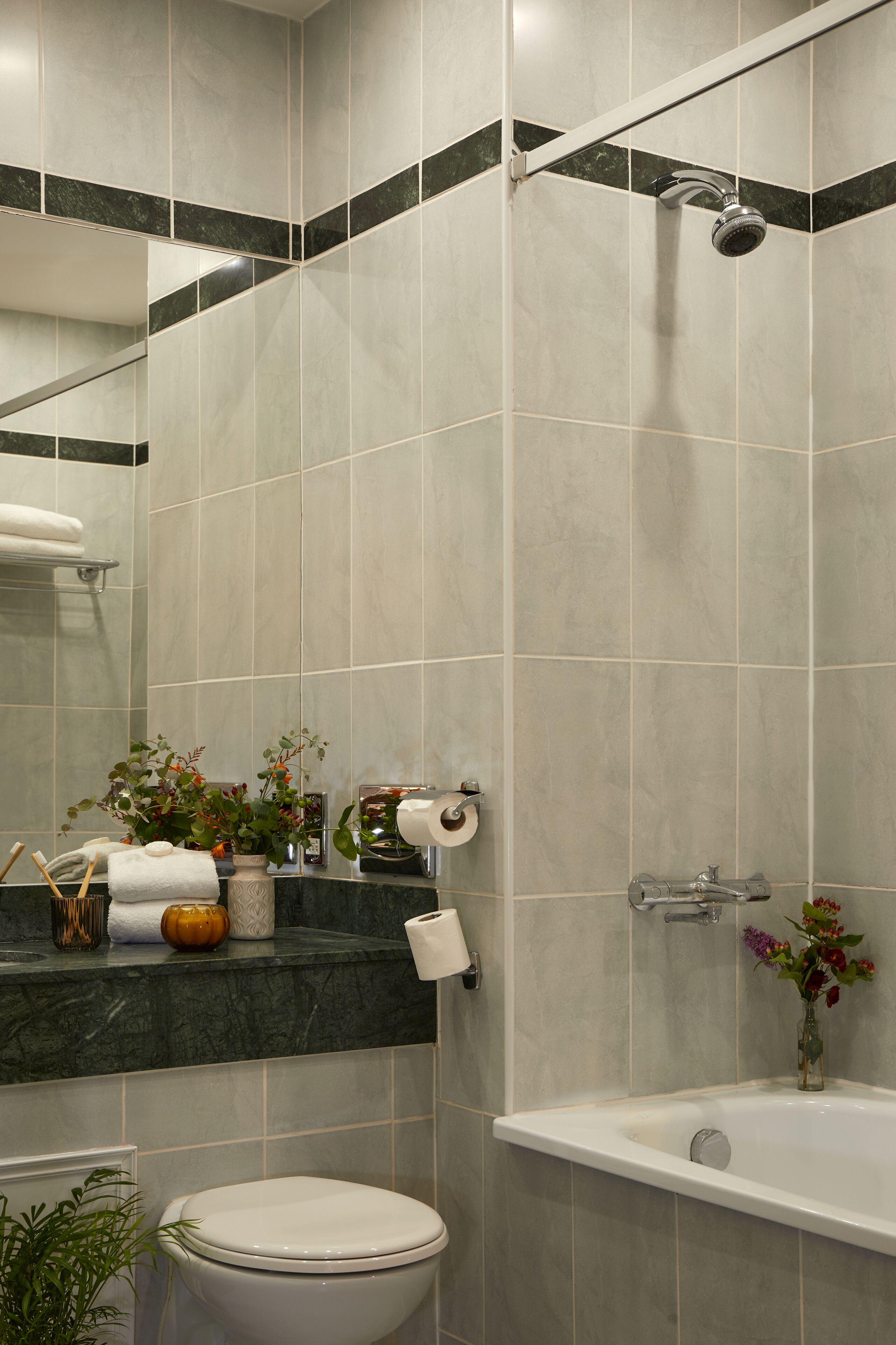 hair dryer, towels, soap, shampoo