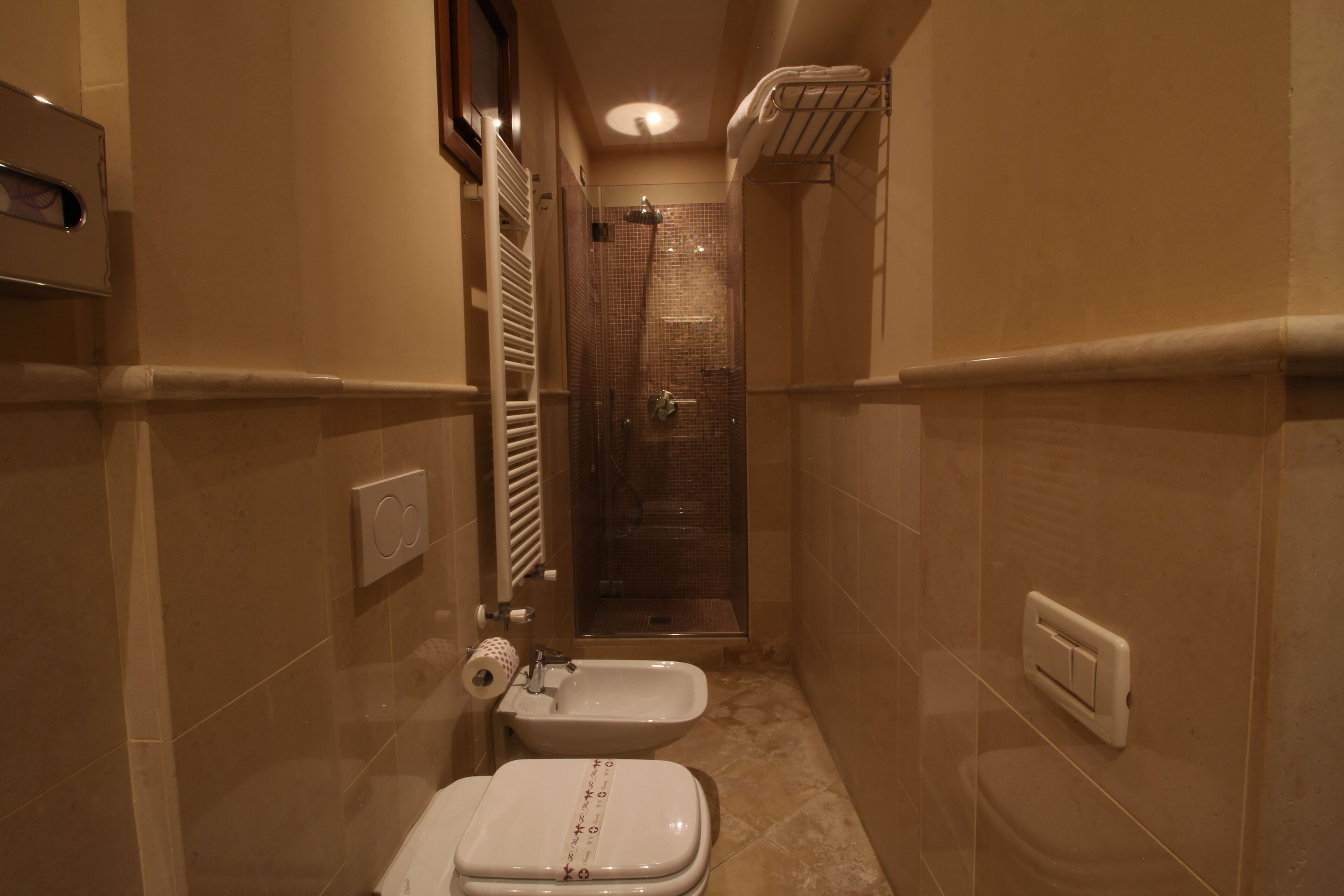 basic room | bathroom | shower, rainfall showerhead, hair dryer, slippers