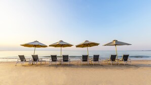 Une plage avec quatre chaises longues et des parasols alignés en rangée.