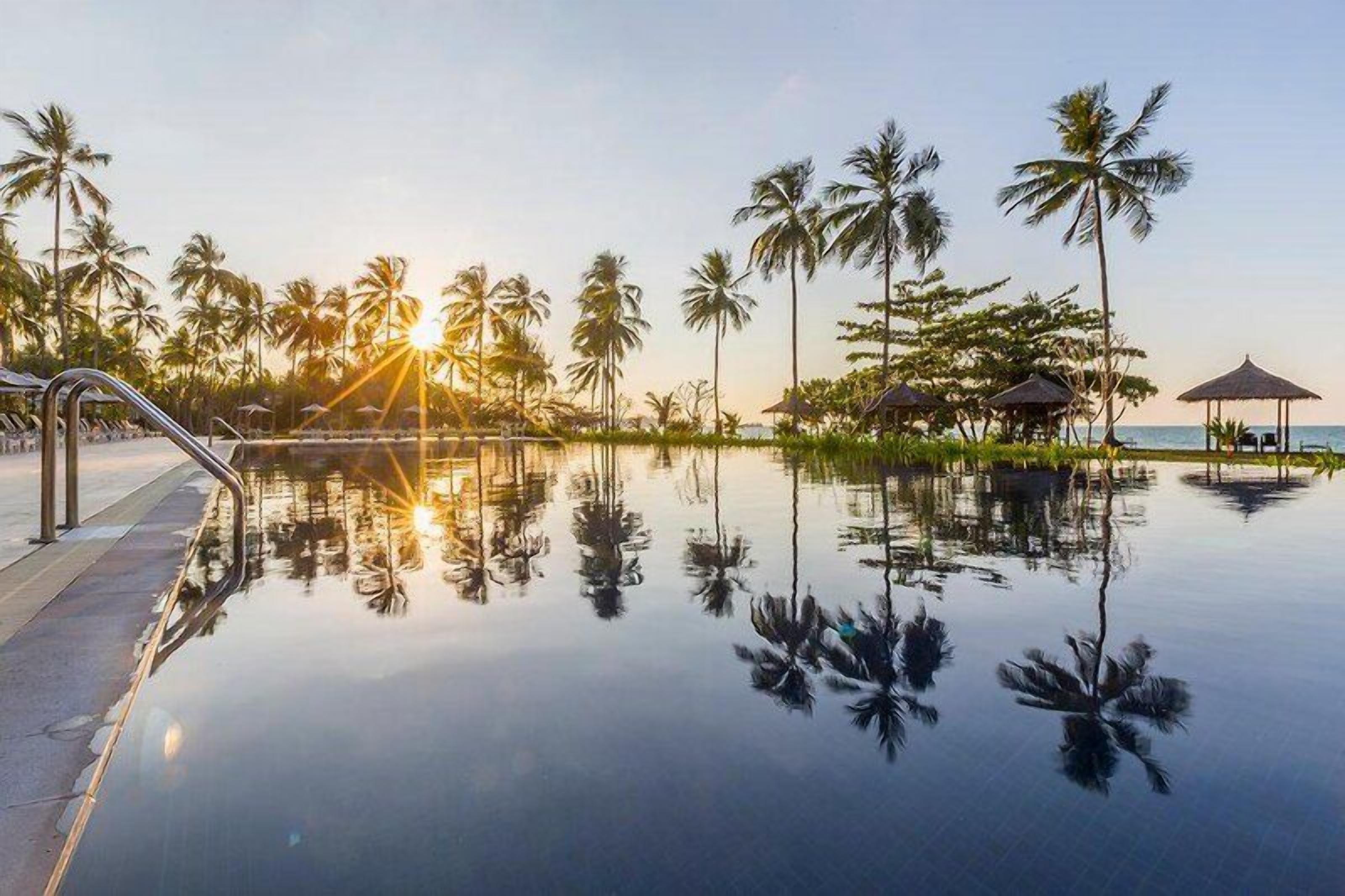 Una piscina infinita tranquila con palmeras y un atardecer, reflejado en la superficie del agua.