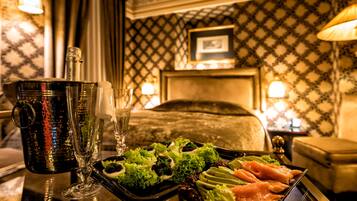 Pillow-top beds, free minibar items, in-room safe