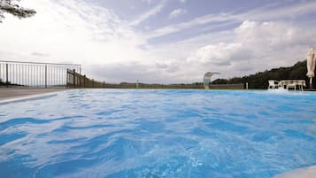 Seasonal outdoor pool, pool umbrellas, pool loungers