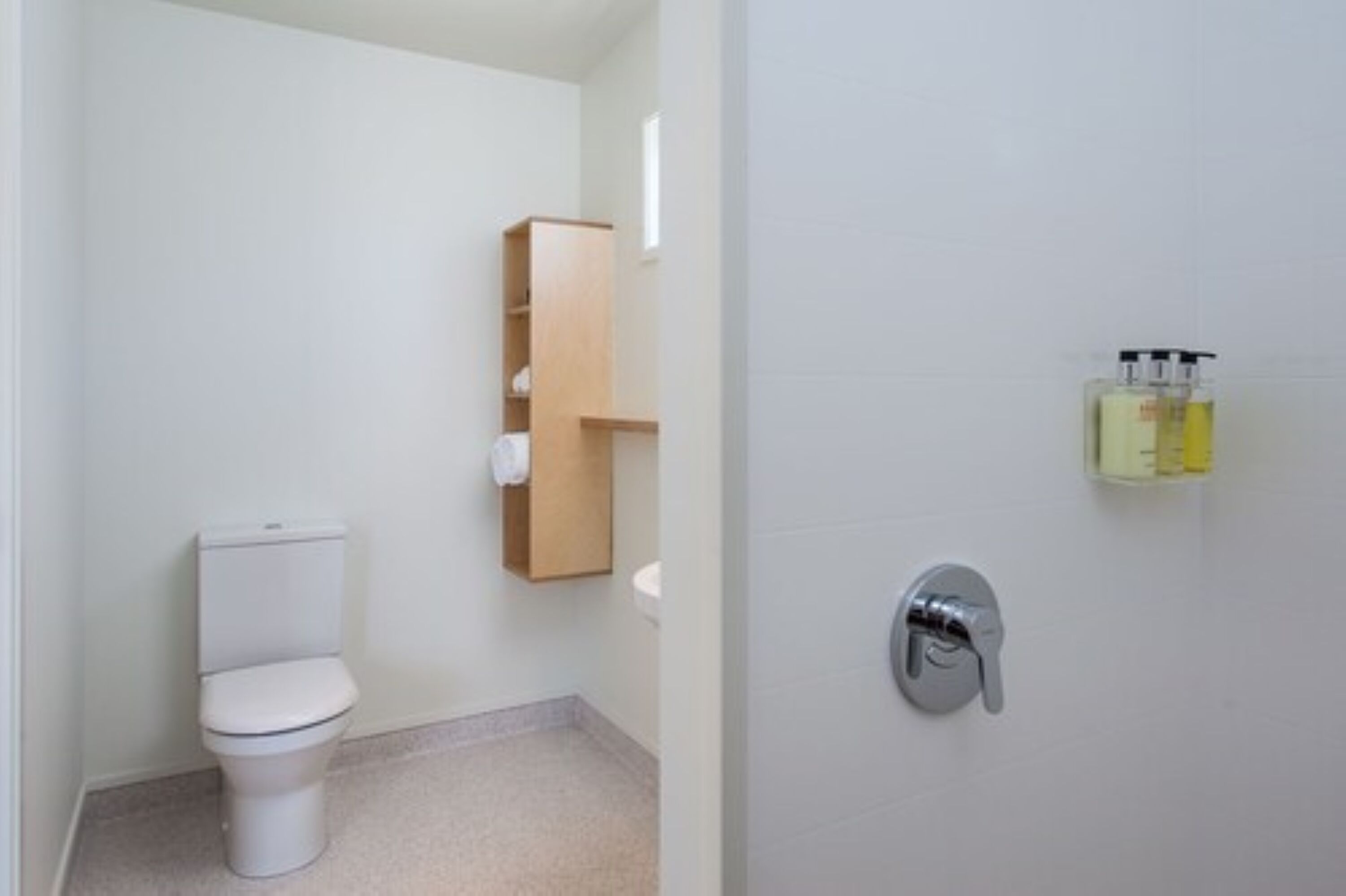 A bathroom with a toilet, a wooden cabinet, and a wall-mounted soap dispenser.
