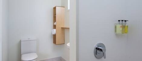 Un baño con inodoro, un armario de madera y un dispensador de jabón en la pared.