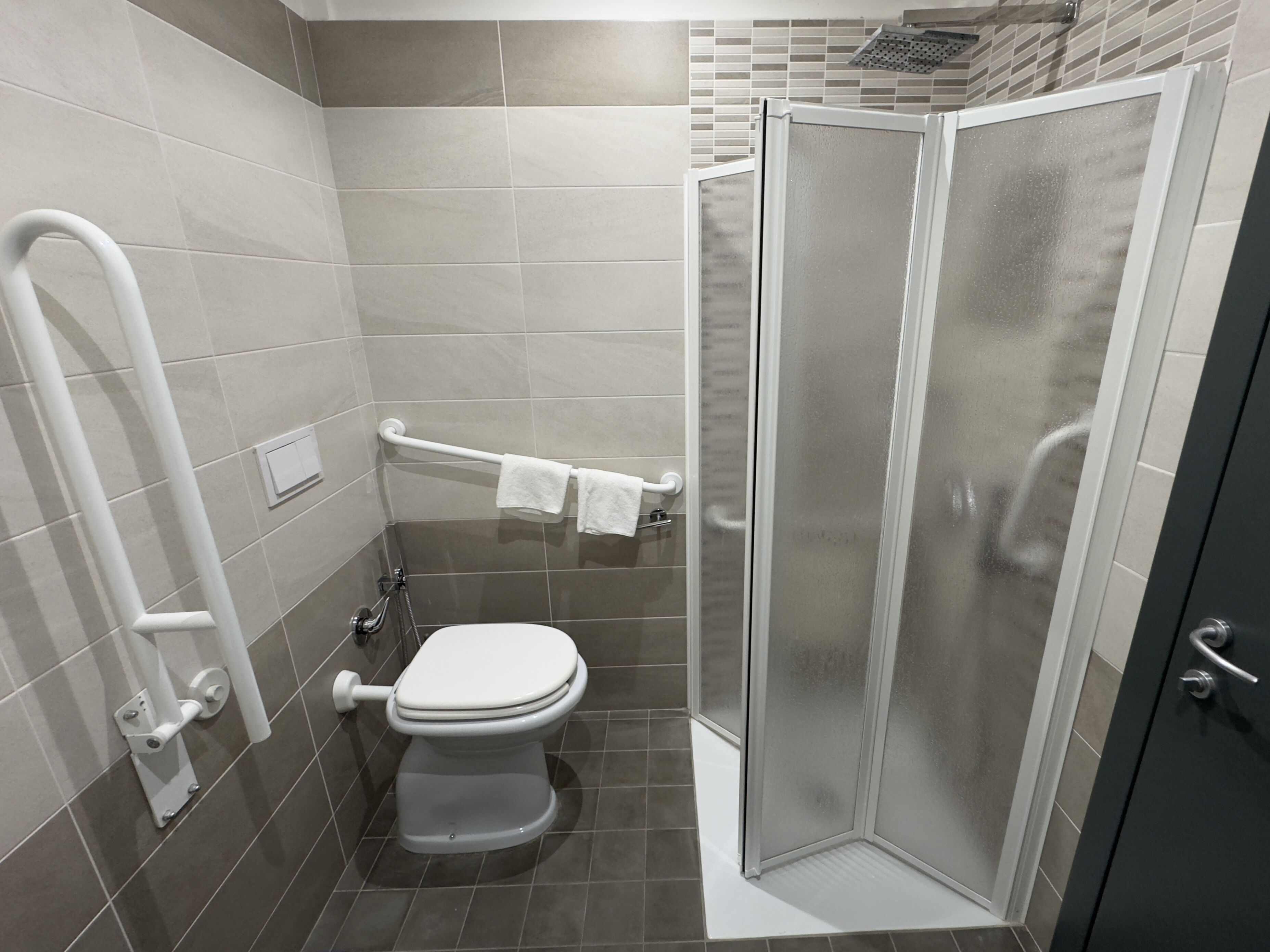 Une salle de bain moderne équipée de toilettes, d’une douche et d’une barre d’appui.